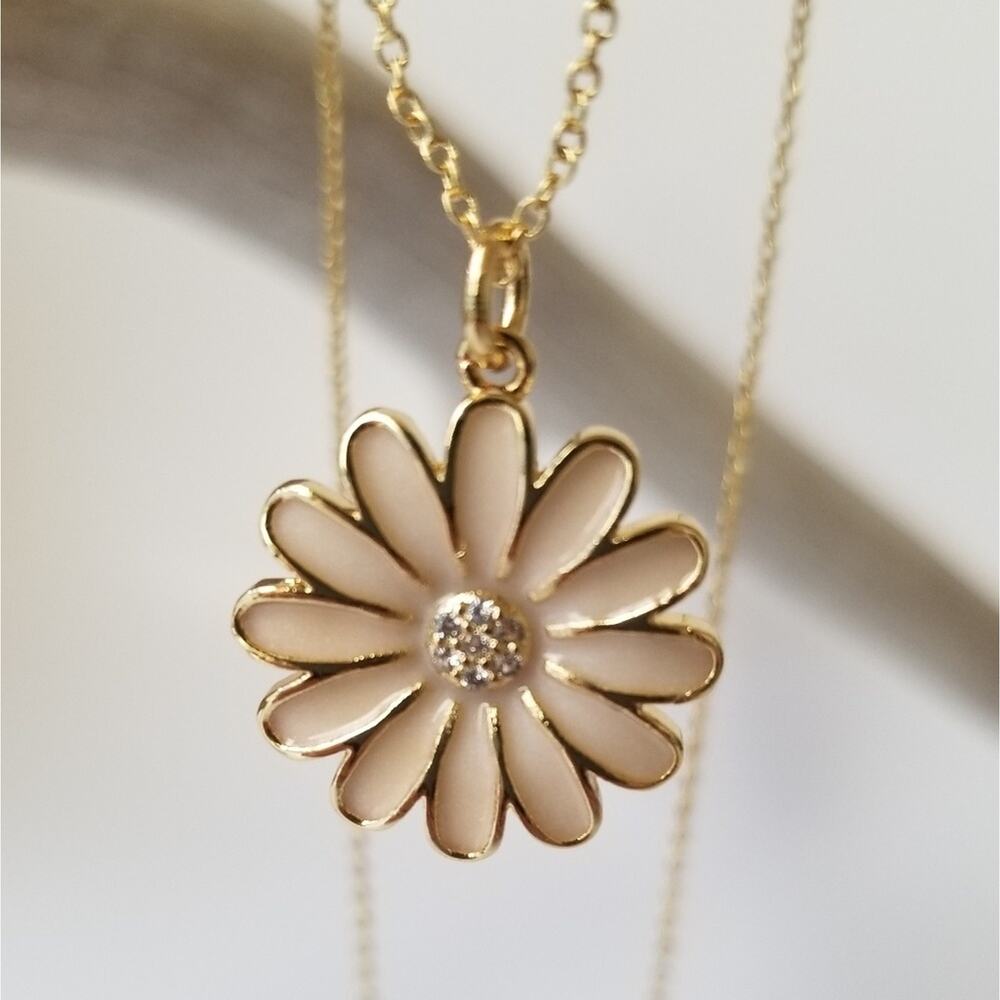 Pink Flower CZ Gold Pendant Necklace